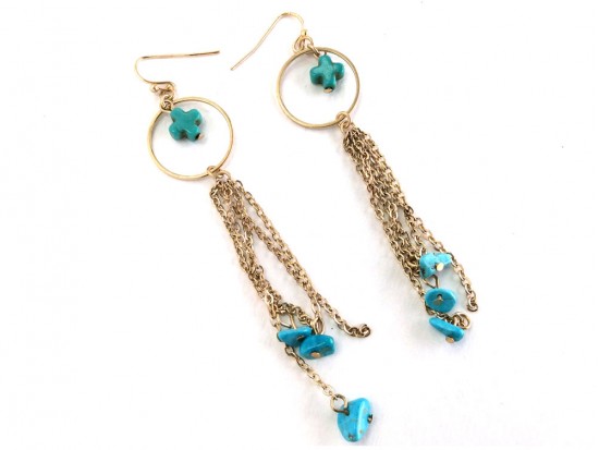 Gold Turquoise Cross Hoop Chain Charm Earrings