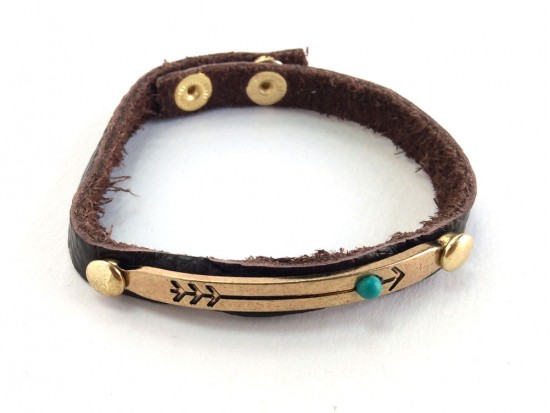Gold Bar Turquoise Stone Arrow Leather Snap Bracelet