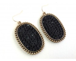 Black Crystal Gold Oval Bezel Hook Earrings