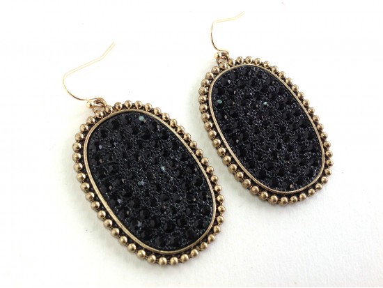 Black Crystal Gold Oval Bezel Hook Earrings