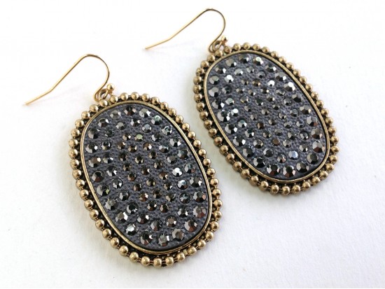Hematite Crystal Gold Oval Bezel Hook Earrings