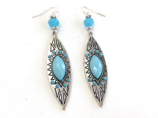 Turquoise Silver Marquise Tribal Etched Hook Earrings