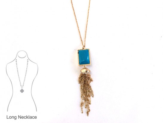Aqua Rectangle Stone Bezel Chain Tassel Necklace