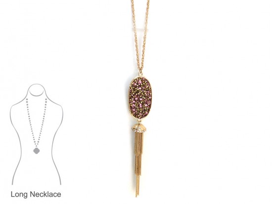 Pink Crystal Inset Oval Chain Tassel Necklace