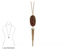 RED Crystal Inset Oval Chain Tassel Necklace