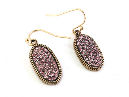 Pink Crystal GOLD Oval Bezel Hook Earrings