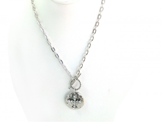 Silver Crystal Cross Circle Chain Necklace.