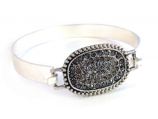 Hematite Crystal Oval Silver Hook Bracelet