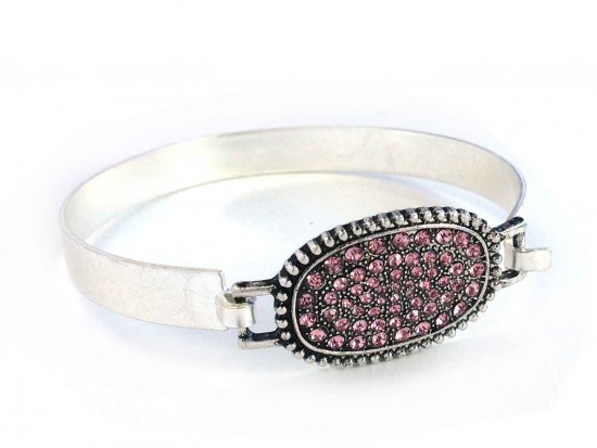 Pink Crystal Oval Silver Hook Bracelet
