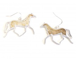 Gold Floral Pattern Silver Edge Horse Hook Earrings