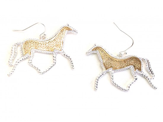 Gold Floral Pattern Silver Edge Horse Hook Earrings Gold Floral Pattern Silver Edge Horse Hook Earrings