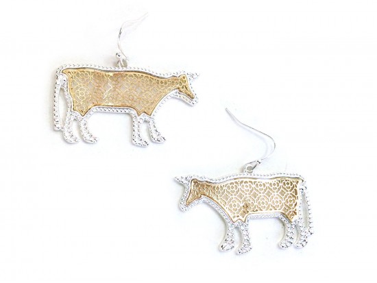 Gold Floral Pattern Silver Edge Cow Hook Earring