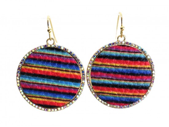 Multi Serape Pattern Crystal Edge Round Hook Earrings Multi Serape Pattern Crystal Edge Round Hook Earrings