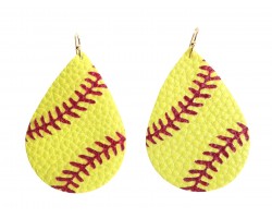 Yellow Softball Teardrop Leather Hook Earrings
