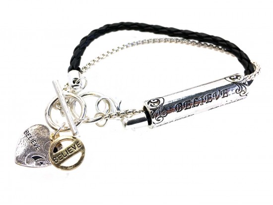 Silver Believe Leather Chain Toggle Bracelet