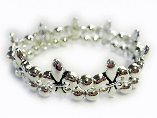 Silver Fleur De Lis Design Round Bead Stretch Bracelet Silver Fleur De Lis Design Round Bead Stretch Bracelet