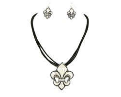 Black Cord with Silver Fleur De Lis Necklace Set