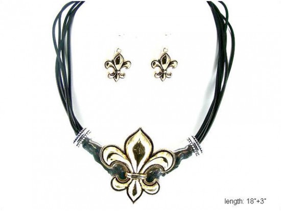 Two Tone Fleur De Lis with Black Multi Cord Necklace Set