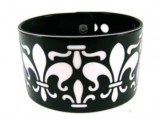Black Fleur De Lis Etched Cuff Buckle Bracelet