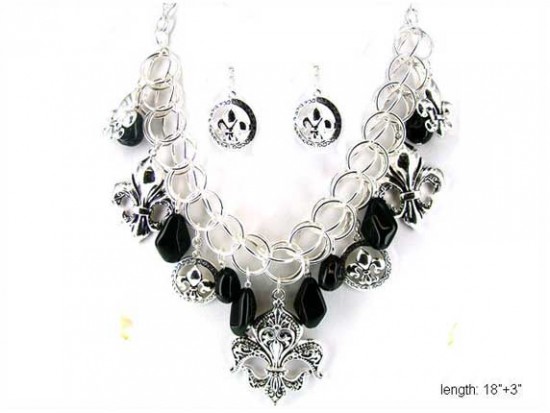 Black Nugget Silver Ring Fleur De Lis Chain Necklace