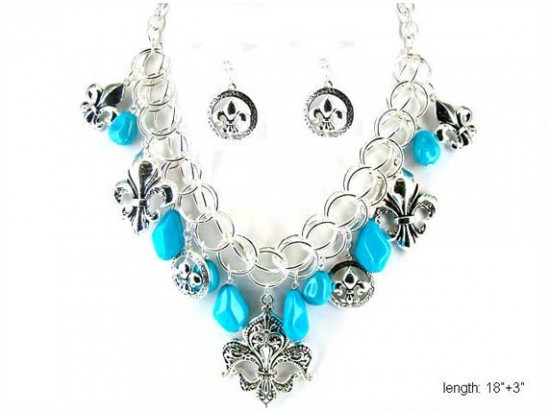 Turquoise Nugget Silver Ring Fleur De Lis Chain Necklace