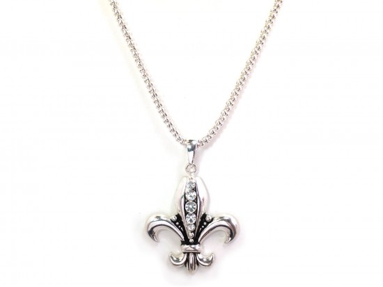 Silver Fleur De Lis Crystal Chain Necklace