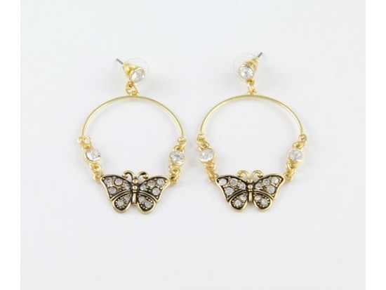 Antique Gold and Crystal Butterfly Hoop Post Earrings
