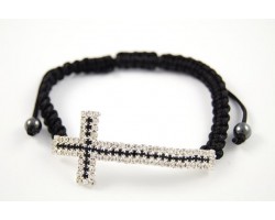 Jet & Clear Crystal Cross Wide Macrame Adjustable Bracelet