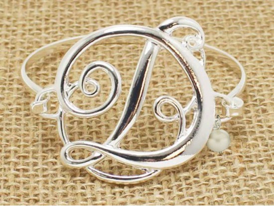 Silver Plate Cursive Initial Bangle Bracelet Silver Plate Cursive Initial Bangle Bracelet