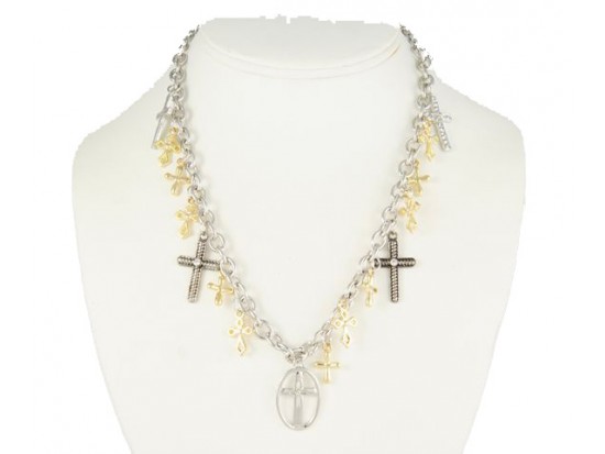 17" Two Tone Multi Cross Dangle Necklace Set