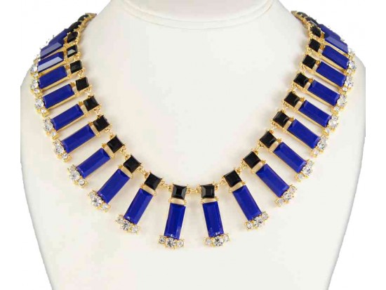Blue Rectangle Crystal Dangle Necklace Set