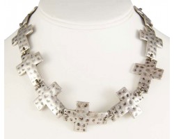 Antique Silver Plate Hammered Cross Necklace Set