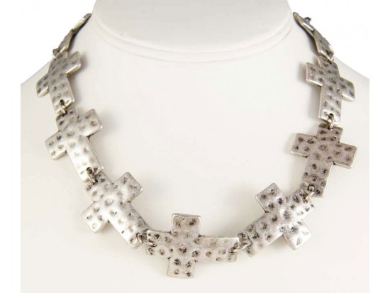 Antique Silver Plate Hammered Cross Necklace Set