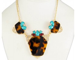 Gold Plate Tortoise Bib with Turquoise Stone Necklace Set