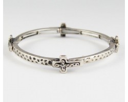 Antique Silver Plate Cross Charm Hammered Band Bracelet