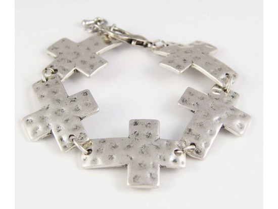 Antique Silver Plate 32mm Hammered Cross Bracelet