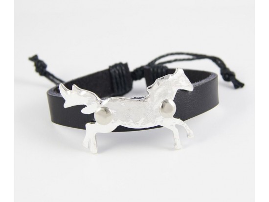 40mm Silver Plate Mustang Charm Black Leather Adjustable Bracelet 40mm Silver Plate Mustang Charm Black Leather Adjustable Bracelet