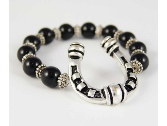 Antique Silver Plate Horseshoe Charm Black Bead Stretch Bracelet