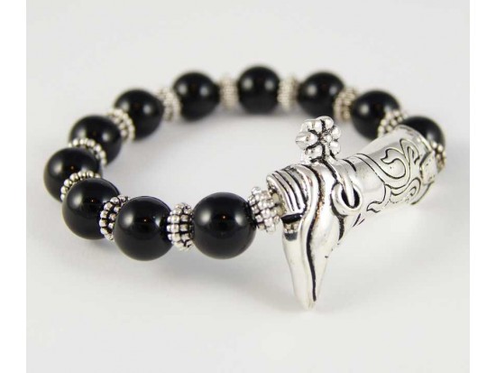 Antique Silver Plate Cowboy Boot Charm Black Bead Stretch Bracelet