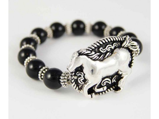 Antique Silver Plate Mustang Charm Black Bead Stretch Bracelet Antique Silver Plate Mustang Charm Black Bead Stretch Bracelet
