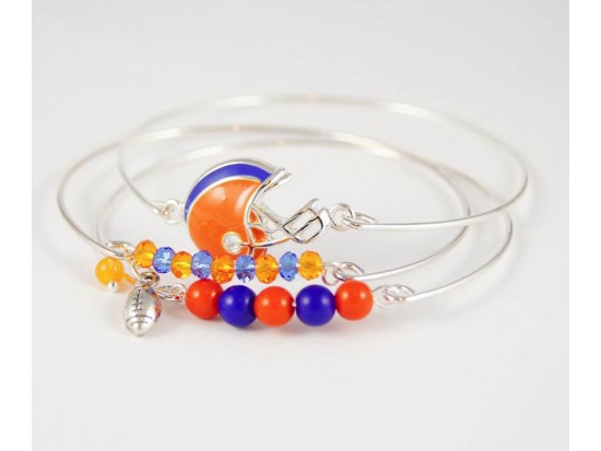 Blue and Orange Football Charm 3 Band Bracelet Set