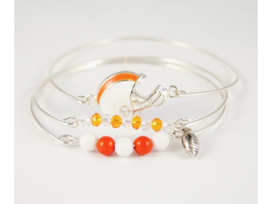Orange and White Football Charm 3 Band Bracelet Set