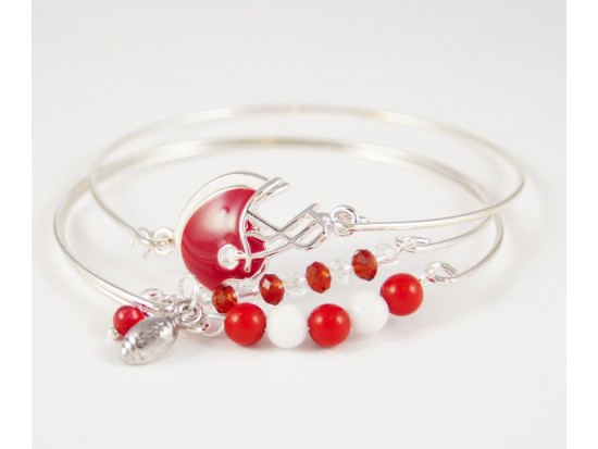 Red & White Football Charm 3 Band Bracelet Set Red & White Football Charm 3 Band Bracelet Set