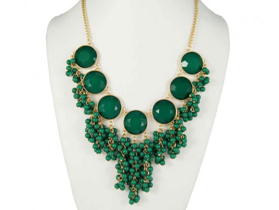 Green Large Faceted Bubble with Dangling Cluster Beads Necklace