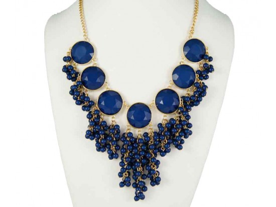 Navy Large Faceted Bubble with Dangling Cluster Beads Necklace