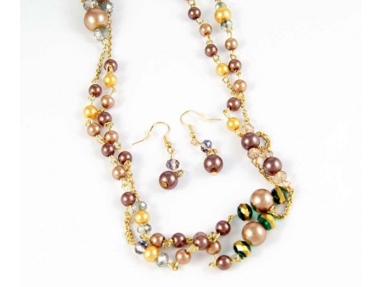 64" Gold Plate Bronze with Gold Pearl & Crystal Necklace Set