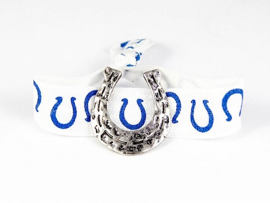 Silver Horseshoe Blue White Ribbon Bracelet