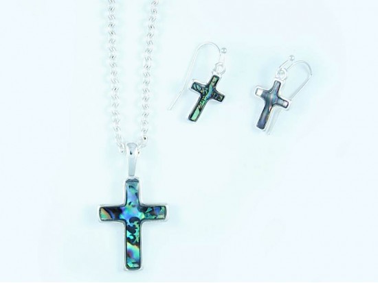 Abalone Cross Silver Chain Link Necklace Set
