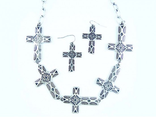 Antiqued Silver Aztec Stamped 5 Cross Chain Necklace Set