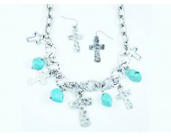 Silver Cross Turquoise Nugget Chain Necklace Set